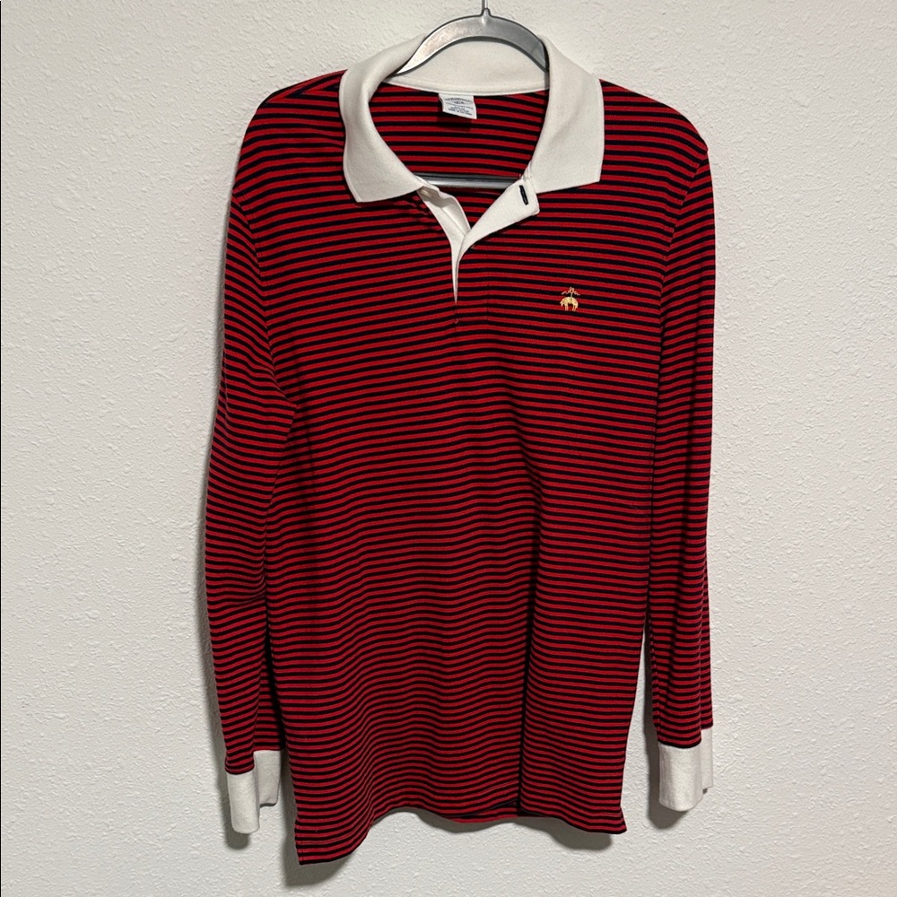 Brooks Brothers Red and Navy Striped Long Sleeve Polo Shirt